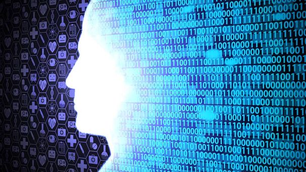 AI Silhouette Computing and Thinking Medical Technology HUD včetně binárního kódu s pozadím tvaru hlavy Ver.3 - Fotografie, Obrázek