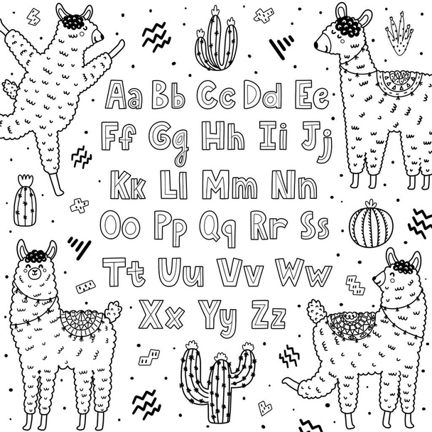 Black and white alphabet with cute llamas. Abc coloring page for kid - Vector, imagen