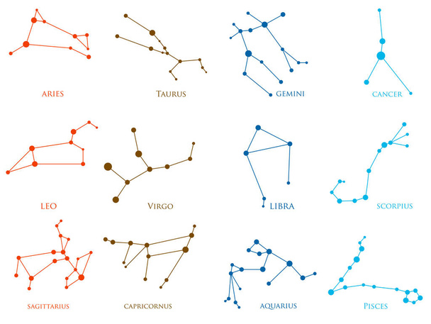 Set of zodiac constellations. Horoscope set: Aries, Leo, Sagittarius, Capricorn, Taurus, Virgo, Libra, Aquarius, Gemini, Cancer, Scorpio, Pisces. Vector Illustration - Vector, Image