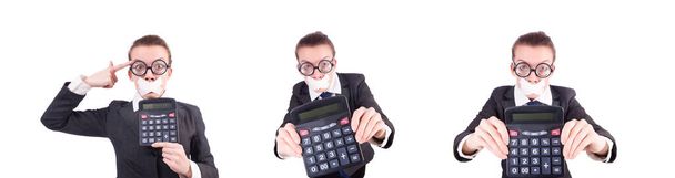 Женщина с калькулятором в концепции мошенничества изолированы на белом - Фото, изображение
