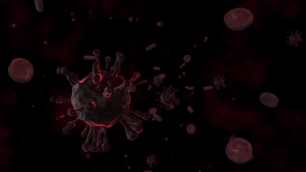 Закройте коронавирус бактерий (COVID-19) и красные кровяные тельца, плавающие вокруг с другими частицами. Фоновые вирусные клетки 3D анимации
 - Кадры, видео