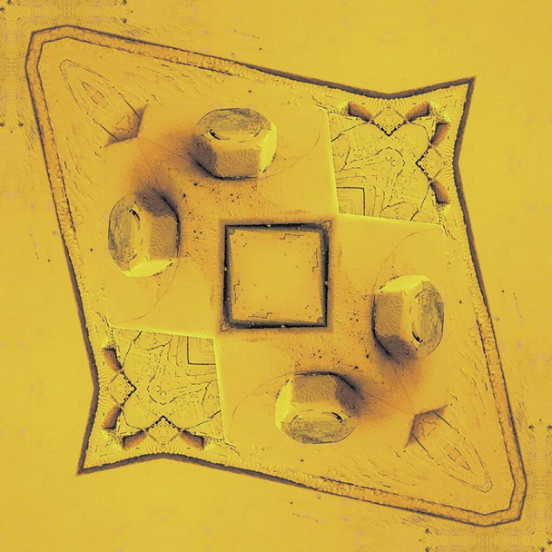 τετράγωνο σχήμα ενός φωτεινό κίτρινο ζωγραφισμένο τεράστιο βιομηχανικό μπουλόνι από αντανάκλαση μετατραπεί σε περίπλοκα σχέδια και σχέδια - Φωτογραφία, εικόνα