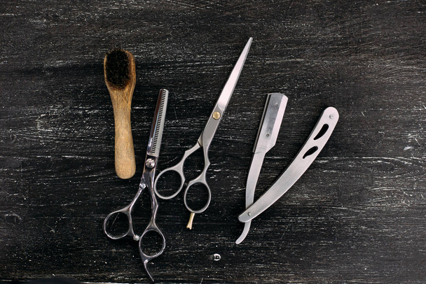 Tools for cutting beard barbershop top view. - Foto, Imagen