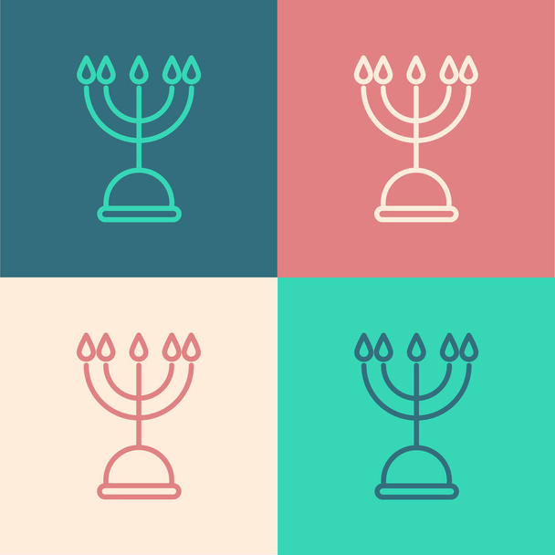 Pop art vonal Hanuka menóra ikon elszigetelt színes háttér. Hanuka hagyományos szimbólum. Ünnepi vallás, zsidó fényfesztivál. Vektorillusztráció - Vektor, kép