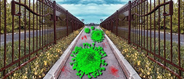Conceptual view of coronavirus with  retro style rusty fences aside asphalt road with yellow dandelions and green grass leading to far blue sign of pedestrian cross under dramatic sky - Photo, Image