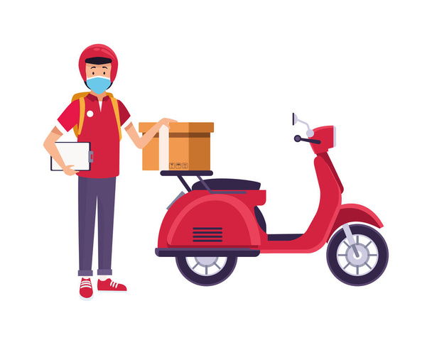 delivery worker with face mask in motorcycle - Vector, Image