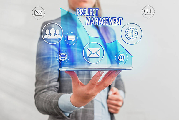 Writing note showing Project Management. Business photo showcasing Application Process Skills to Achieve Objectives and Goal. - Photo, Image