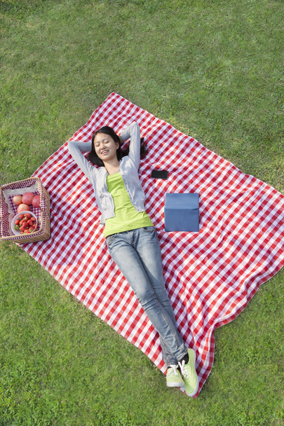 Femme couchée sur une couverture et se relaxant dans le parc
 - Photo, image