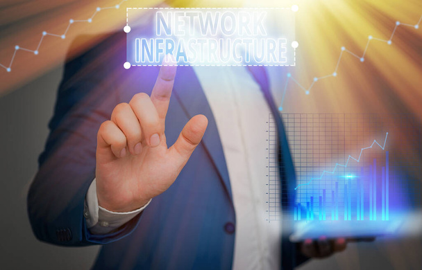 A hálózati infrastruktúrát bemutató írásbeli feljegyzés. Üzleti fotó bemutatása Hardver és szoftver erőforrások In and Out Connection. - Fotó, kép