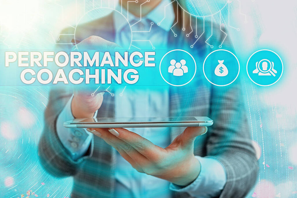 Text sign showing Performance Coaching. Conceptual photo Facilitate the Development Point out the Good and Bad. - Photo, Image