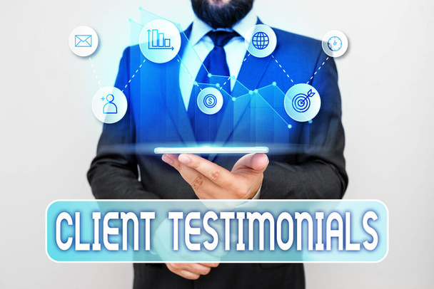 Writing note showing Client Testimonials. Business photo showcasing Written Declaration Certifying an individuals Character Value. - Photo, Image