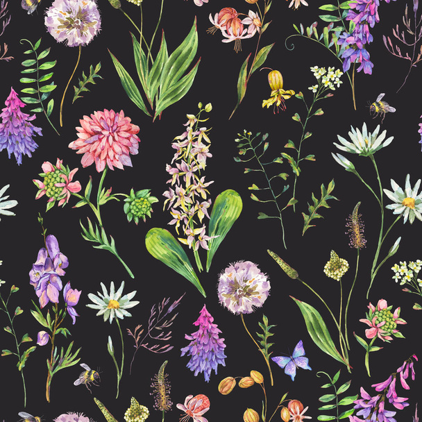 Vintage acuarela verano pradera púrpura flores silvestres patrón sin costuras. Ramo floral botánico sobre fondo negro, textura natural. Fondo de pantalla flores medicinales
 - Foto, imagen