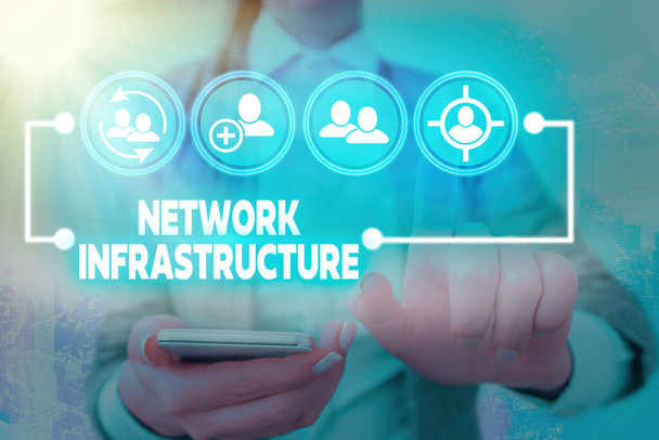 Schreibnotiz, die die Netzwerkinfrastruktur zeigt. Geschäftsfotos mit Hardware- und Softwareressourcen in und out Connection. - Foto, Bild