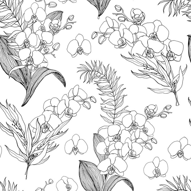 Watercolor seamless pattern with line art orchids and eucalyptus. Hand painted tropical card with flowers and leaves isolated on white background. Floral illustration for design, print or background. - Photo, image