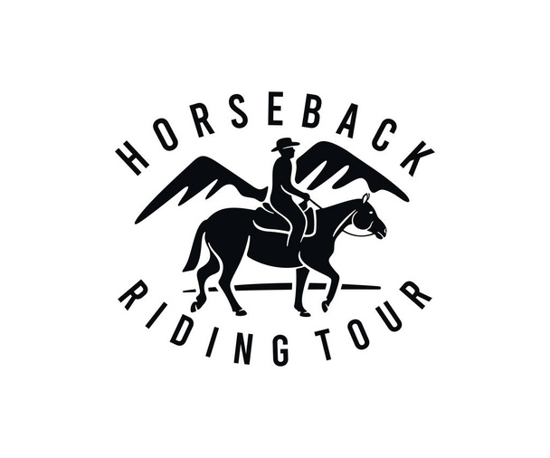 Horse and rider, horseback riding tour and mountains, logo design. Animal, pet, equine, stable and ranch, vector design and illustration - Vector, Image