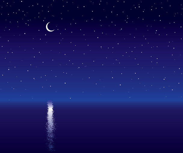 Horizon notte estate paesaggio di acqua di mare. Luminoso cian colore disegnato a mano scena simbolo in stile comico arte moderna. Vista panoramica sul bordo del laghetto selvaggio con copyspace per testo su sfondo chiaro di luna profondo - Vettoriali, immagini