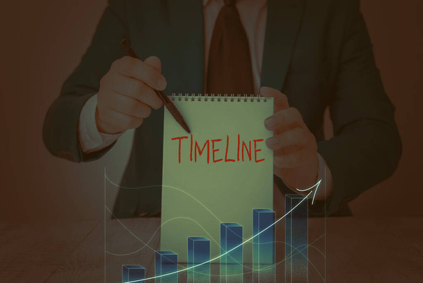 Conceptual hand writing showing Timeline. Business photo showcasing graphical representation of period time on which events are marked. - Photo, Image