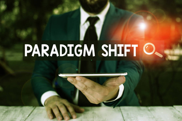 Text sign showing Paradigm Shift. Conceptual photo fundamental change in approach or underlying assumptions Businessman with mobile phone in his hand. - Photo, Image