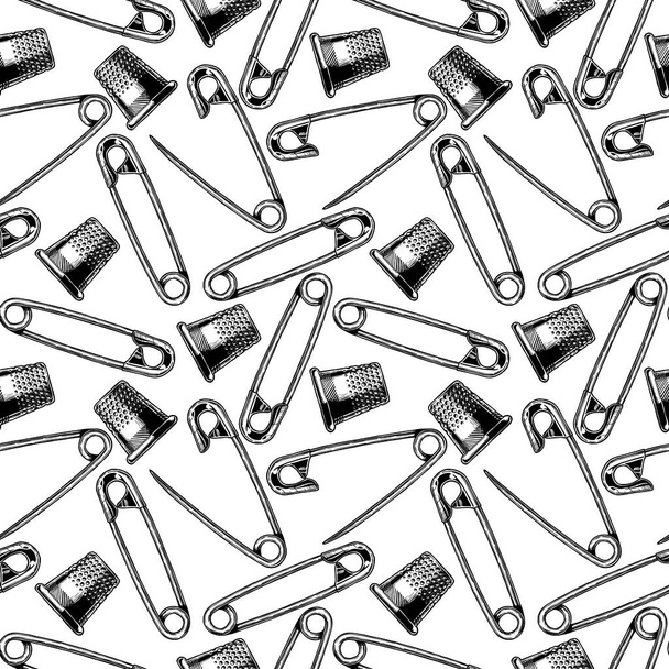 Seamless black-and-white pattern with thimble and safety pin. Vector illustration in vintage engraved style on white background.   - Vector, imagen