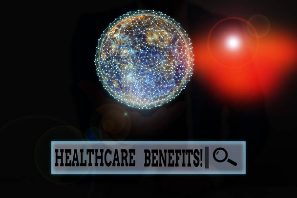 Writing note showing Healthcare Benefits. Business photo showcasing monthly fair market valueprovided to Employee dependents Elements of this image furnished by NASA. - Photo, Image