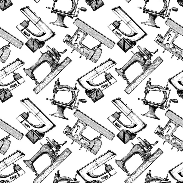 Seamless black-and-white pattern with sewing machine. Vector illustration in vintage engraved style on white background.   - Vektor, obrázek