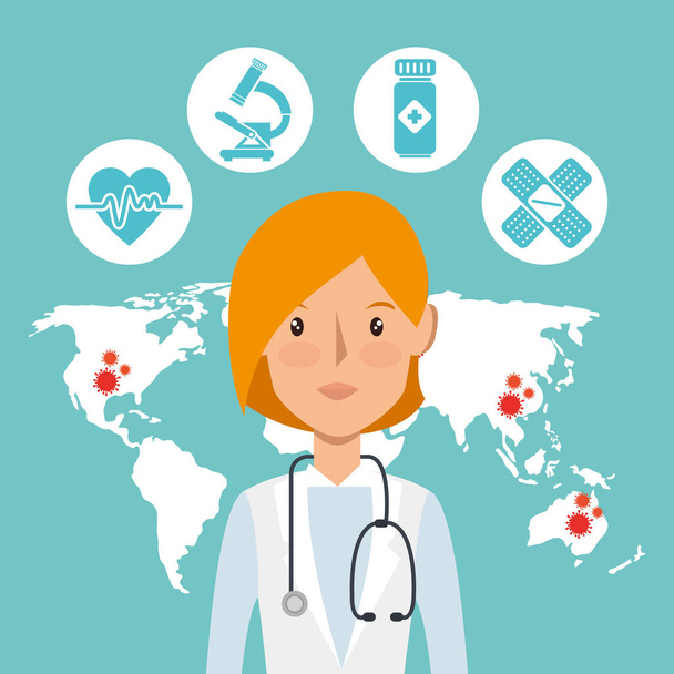doctor female with particles covid 19 and medical icons - Vector, Image