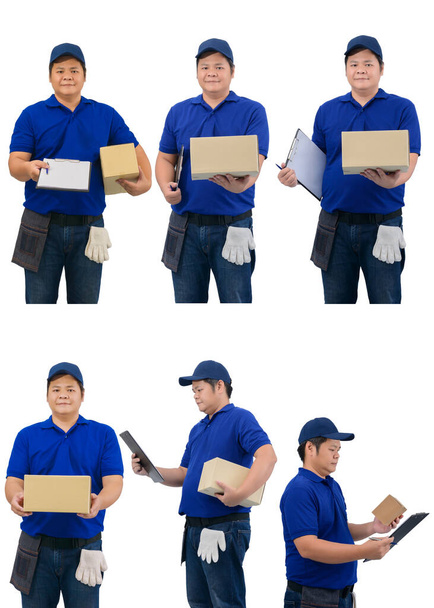 colección conjunto de asiático entrega hombre trabajando en azul camisa con cintura bolsa para equipo mano celebración paquete caja y presentando recepción formulario para firmar aislado blanco fondo
 - Foto, Imagen