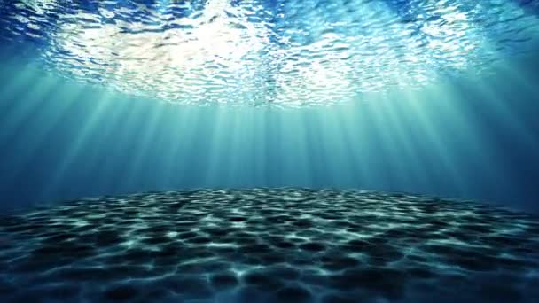 Abstrato mergulho sob fundo do mar. Realista Superfície azul escuro do oceano visto debaixo d 'água com simular câmera de mergulho. Ondas abstratas subaquáticas e raios de luz solar brilhando através. Renderização 3D 4K
. - Filmagem, Vídeo
