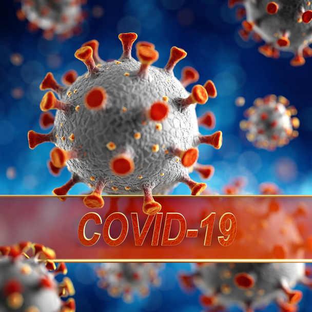 Роман Coronavirus, 2019-nCoV или SARS-CoV-2, причина глобальной пандемии гриппа. Копический вирус замыкает концепцию с текстом Ковида-19. 3d-рендеринг
. - Фото, изображение