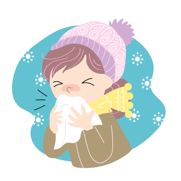 Coughing girl cover mouth prevent virus spreading vector graphic illustration - Vector, Image