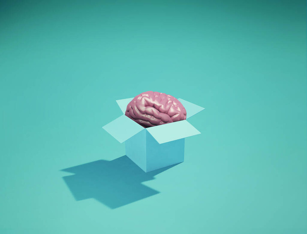 Ο ανθρώπινος εγκέφαλος σφραγίζει ένα κουτί. Το να σκέφτεσαι έξω από τα συνηθισμένα. Καινοτόμες ιδέες. Αυτή είναι μια τρισδιάστατη απεικόνιση .  - Φωτογραφία, εικόνα