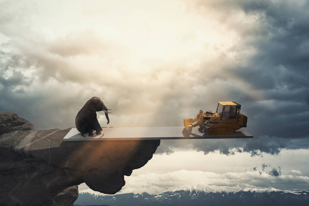 Elehpant on balance with a bulldozer above the jungle . Global warming concept . Realise effects of land clearing . This is a 3d render illustration - Photo, Image