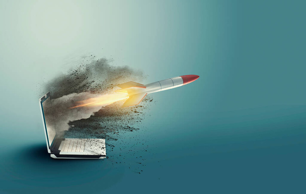Concepto de inicio con cohete volando desde el ordenador portátil. Iniciar negocio en línea. Esta es una ilustración de renderizado 3d
. - Foto, imagen