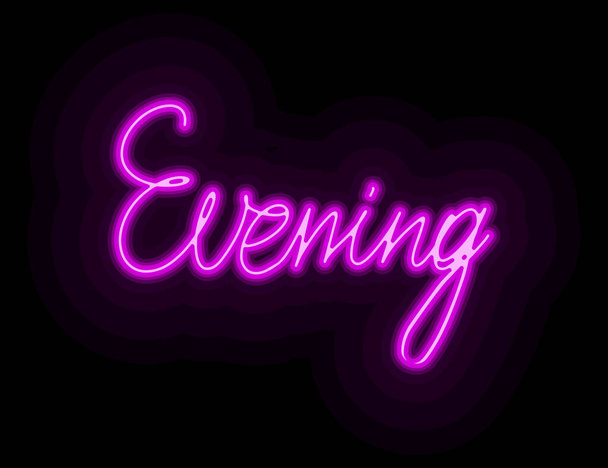 English words evening neon vector image for logo, illustration, icon, web design or print. Colorful neon glowing words in the style of the 90s 80s street sign to attract the attention of visitors - Вектор, зображення