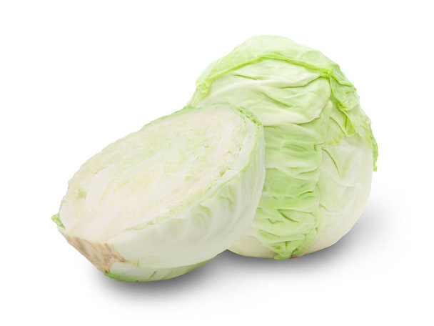 Whole green cabbage and half isolated on white background with clipping path. - Photo, Image