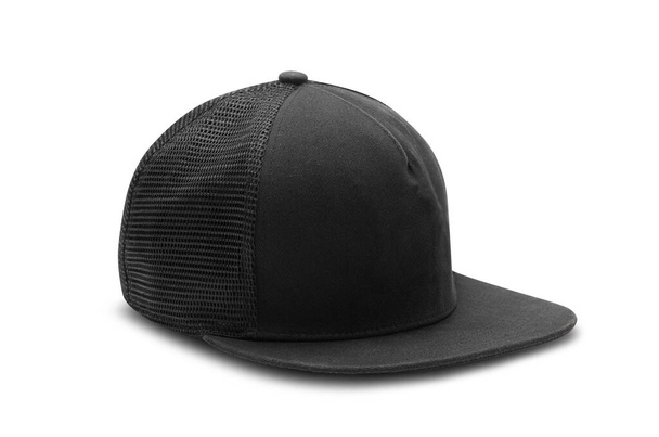 Zwarte snapback cap geïsoleerd op witte achtergrond met clipping pad. - Foto, afbeelding