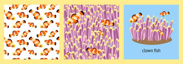 conjunto de dos patrones sin costura e ilustración con peces payaso brillante y corales. Diseño abstracto moderno para embalaje, papel, cubierta, tela, decoración de interiores
 - Vector, Imagen