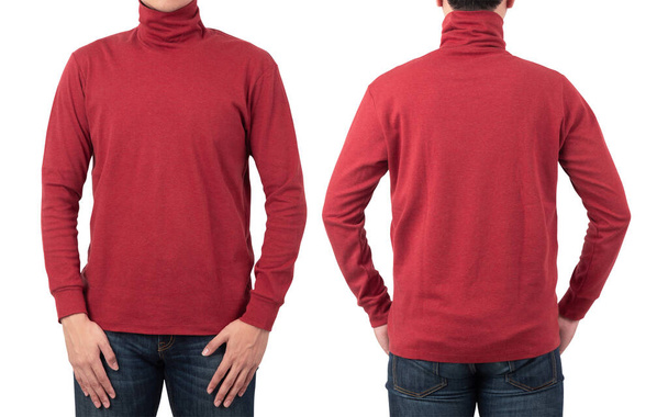 Ανδρικό μοντέλο φορούν απλό κόκκινο μακρύ μανίκι t-shirt mockup πρότυπο απομονωμένο σε λευκό φόντο με clipping διαδρομή, μπροστά και πίσω όψη. - Φωτογραφία, εικόνα