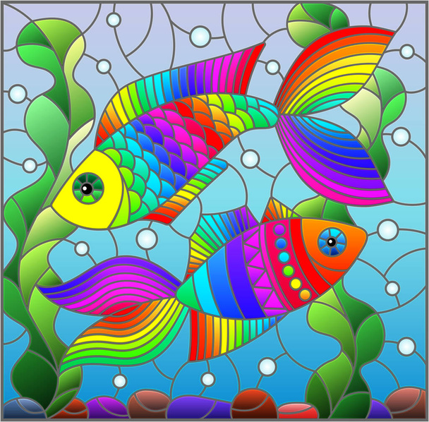 Иллюстрация в витражном стиле с яркими радужными рыбами на фоне воды, дна и водорослей
 - Вектор,изображение