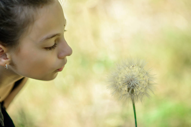 Summer outdoor portrait of a romantic girl with a big fluffy dandelion. baby blowing on a dry dandelion. copy space - Photo, Image