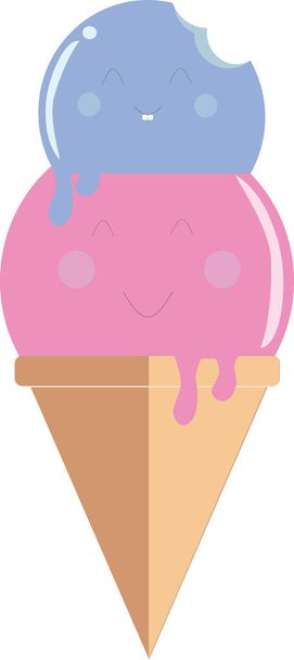Grafica vettoriale sorridente del gelato. Illustrazione di cono gelato con palline rosa e blu di gelato in cima - felice gelato sorridente di gusto di fragola e mirtillo che si scioglie lentamente
. - Vettoriali, immagini