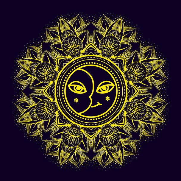 vector gold monochrome design abstract mandala sacred geometry illustration sacred sun and moon Merkaba lotus isolated dark brown background - Vector, Image