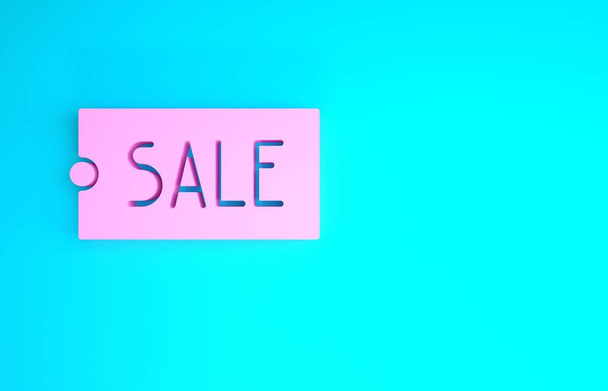 rosa Preisschild mit einem Inschrift Verkauf Symbol isoliert auf blauem Hintergrund. Abzeichen für Preis. Promo-Tag Rabatt. Minimalismus-Konzept. 3D Illustration 3D Renderer - Foto, Bild