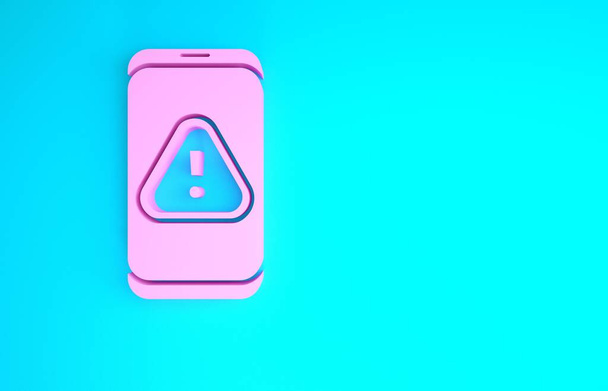 Mavi arkaplanda ünlem işareti simgesi olan pembe cep telefonu. Uyarı mesajı akıllı telefon uyarısı. Minimalizm kavramı. 3d illüstrasyon 3B canlandırma - Fotoğraf, Görsel