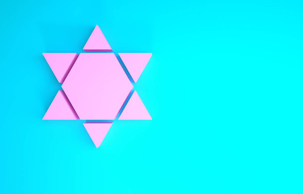 青色の背景に隔離されたデビッドアイコンのピンクの星。ユダヤ教のシンボル。イスラエルの象徴。最小限の概念。3Dイラスト3Dレンダリング - 写真・画像