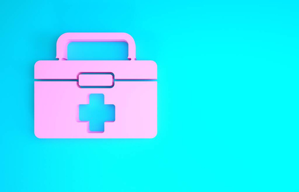 Pinkfarbenes Verbandskasten-Symbol isoliert auf blauem Hintergrund. Medizinische Box mit Kreuz. Medizinische Geräte für den Notfall. Gesundheitskonzept. Minimalismus-Konzept. 3D Illustration 3D Renderer - Foto, Bild