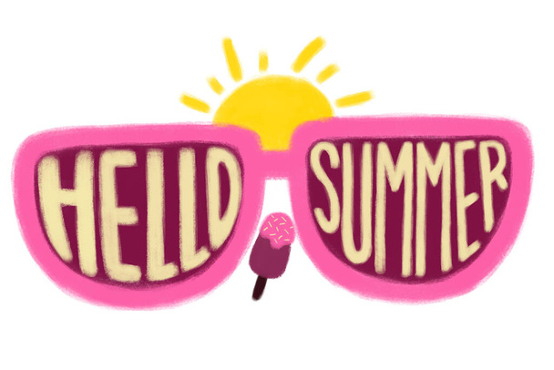 HELLO SUMMER - disegno digitale a mano giallo, rosa. Frase scritta a mano per stampe estive, manifesti di auguri, striscioni, biglietti di auguri. Sfondo bianco isolato. Sole, gelato, occhiali da sole
. - Foto, immagini