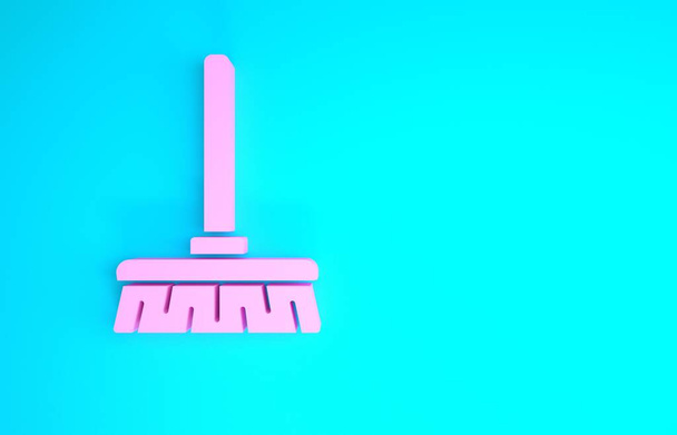 Icona scopa manico rosa isolato su sfondo blu. concetto di servizio di pulizia. Concetto minimalista. Illustrazione 3d rendering 3D
 - Foto, immagini