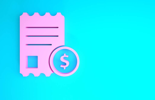 Comprobación de papel rosa y financiera icono de verificación aislado sobre fondo azul. Comprobación de impresión de papel, recibo de la tienda o factura. Concepto minimalista. 3D ilustración 3D render
 - Foto, Imagen