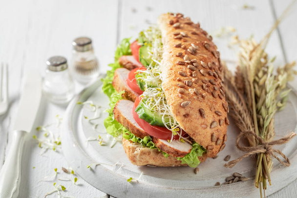 Sandwich with grilled chicken, tomato and green cucumber - Fotografie, Obrázek